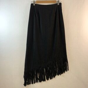 VTG Womens Y2K Faux Suede Fringe Midi Skirt Small Black Edgy Festival Western